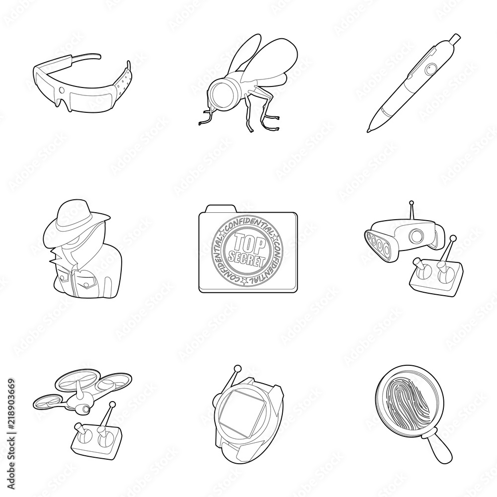 Poster secret agent equipment icons set. outline set of 9 secret agent equipment vector icons for web isola