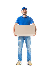 Full length portrait of delivery man holding big parcel box