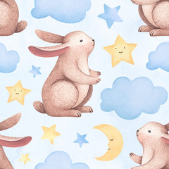 Een aquarel illustratie van het schattige konijntje. Naadloos patroon