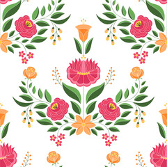 Hungarian folk pattern vector seamless. Kalocsa floral ethnic ornament. Slavic eastern european print. Traditional embroidery flower design for birthday wrapping paper, bedroom textile, wedding gifts. - 218904479