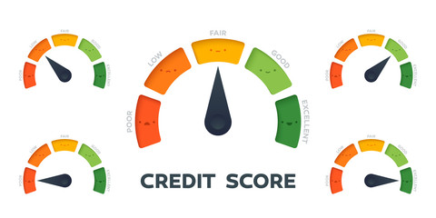Credit Score vector gauge. All states with different arrow position. 5 different colors and states from poor to excellent.