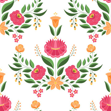 Hungarian folk pattern vector seamless. Kalocsa floral ethnic ornament. Slavic eastern european print. Traditional embroidery flower design for birthday wrapping paper, bedroom textile, wedding gifts.