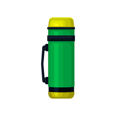 Flat vector icon of aluminum green-yellow thermos with black handle. Container for tea or coffee. Vacuum flask for hot beverages