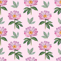 Watercolor peony flowers illustration. Seamless pattern