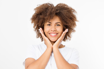 Surprised shocked excited african american woman face isolated on white background. Young afro curly hair style girl in summer t shirt. Copy space