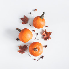 Autumn composition. Pumpkins, dried leaves on pastel gray background. Autumn, fall, halloween...