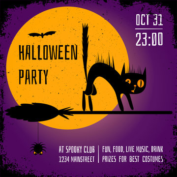 A Halloween party square banner with a black cat on witch broom on purple background. Editable poster design template.