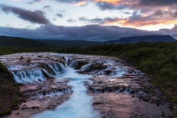 Fototapeta premium Twilight with waterfall Bruarfoss in South Iceland, Summertime
