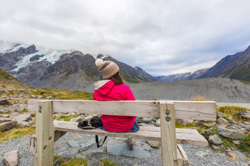 Fototapeta na wymiar Asian woman travel enjoy at Mt. cook national park in South island New Zealand, Summer Time