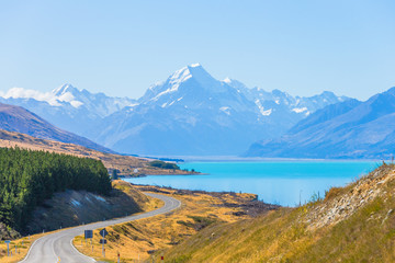 Mount cook viewpoint with the lake pukaki and the road leading to mount cook village in South...