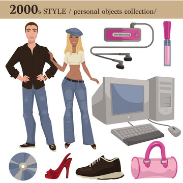2000 fashion style man and woman personal objects