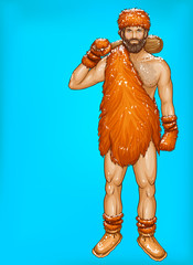 Vector pop art caveman in fur loincloth, footwear and mittens with wooden club isolated on blue background. Winter, ice age concept with strong male character. Illustration for ad poster, promo banner