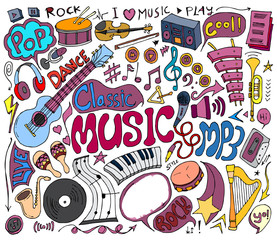Obraz na płótnie Canvas Set of Music doodle vector. Creative colour art hand draw illustration on white eps10