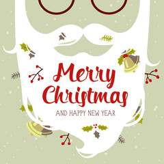 vector cartoon style santa beard Merry Christmas and Happy New Year greeting card on a beige background