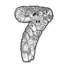 Hand drawn doodled kids numbers. Cute monstred numbers, math symbols.