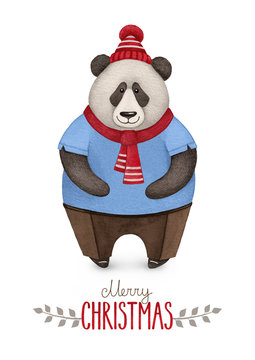 A watercolor illustration of the panda bear. Perfect for Christmas greeting cards