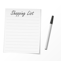 Shopping list paper and pen. Vector Illustration - obrazy, fototapety, plakaty