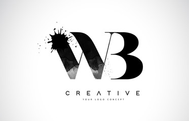WB W B Letter Logo Design with Black Ink Watercolor Splash Spill Vector.