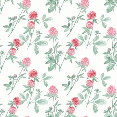 Selbstklebende Fototapeten Seamless watercolor pattern with branches and flowers of clover on white background. © brusnika9