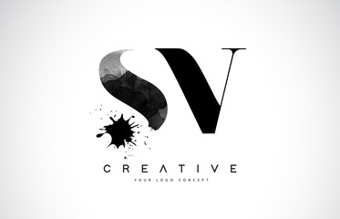 SV S V Letter Logo Design with Black Ink Watercolor Splash Spill Vector.