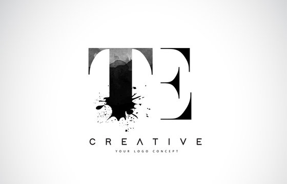 TE T E Letter Logo Design with Black Ink Watercolor Splash Spill Vector.
