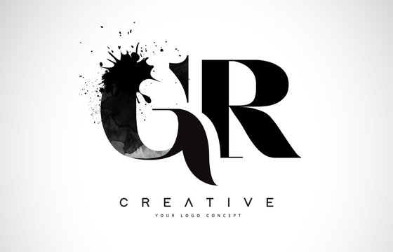 GR G R Letter Logo Design with Black Ink Watercolor Splash Spill Vector.
