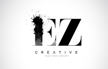 EZ E Z Letter Logo Design with Black Ink Watercolor Splash Spill Vector.