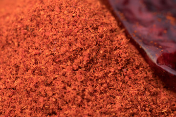A Close-up Shot of Red Chilli Powder used commonly in Indian Cuisine