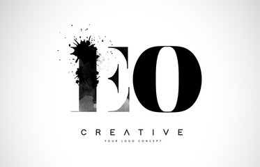 EO E O Letter Logo Design with Black Ink Watercolor Splash Spill Vector.