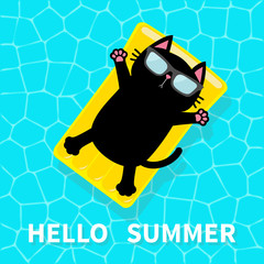 Hello Summer. Swimming pool. Black cat floating on yellow pool float water mattress. Top air view. Sunglasses. Lifebuoy. Cute cartoon relaxing character. Flat design.