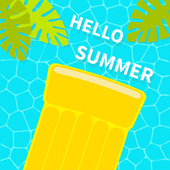 Swimming pool. Floating yellow air pool float water mattress. Top aerial view. Hello Summer. Palm tree leaf. Cute cartoon relaxing object. Sea Ocean water. Blue background. Flat design.