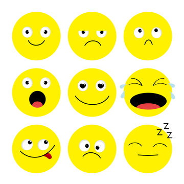 Emoji icon set. Emoticons. Funny kawaii cartoon characters. Emotion collection. Happy, surprised, smiling crying sad angry face head. Flat design White background. Isolated.