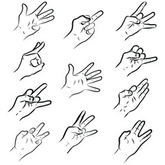 Set of man hands showing different signs, success, pointing, like, dislike, stop. Hand drawn vector doodle cartoon Illustration