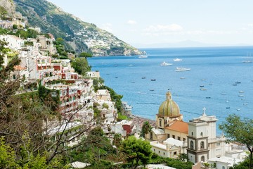Beautiful panoramic view of the colorful Positano in the Amalfi Coast, Italy. Popular travel...