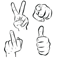 Set of man hands showing different signs, success, pointing, like, dislike, stop. Hand drawn vector doodle cartoon Illustration