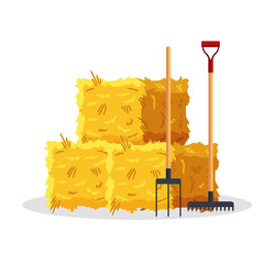 Bale of hay isolated on white background. Flat dried haystack with forks and rake, farming haymow bale hayloft, agricultural rural haycock - vector illustration
