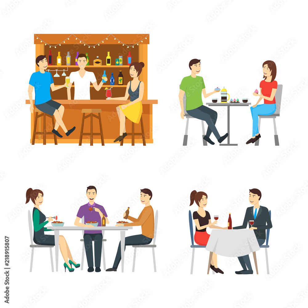 Sticker Cartoon Characters People in Restaurant Set. Vector