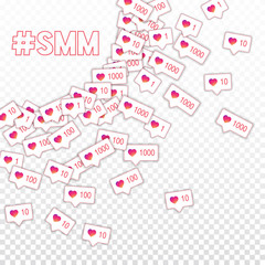 Social media icons. Smm concept. Falling gradient like counter. Radiant left top corner elements on 