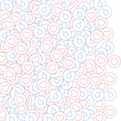 Obraz premium Social media icons. Social media addiction concept. Falling scattered thumbs up hearts. Left gradien