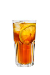 One-color, red, brown, transparent cocktail with ice cubes and lemon slices, orange. Side view. Isolated white background. Drink in a glass glass for the menu restaurant, bar, cafe