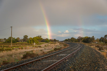 Australian outback landscape with railway tracks in remote area near Mallee Highway