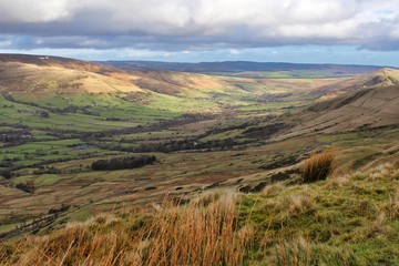Countryside english landscape rural view across fields from mam tor and the great ridge in the peak district