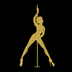 Fototapeta premium Gold glitter silhouette pole dance on a black background. Hand scketch exotic dance vector illustration. line clipart with text for logotype, badge, icon, logo, banner, tag, clothes