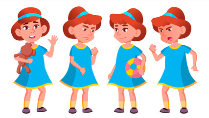 Girl Kindergarten Kid Poses Set Vector. Kiddy, Child Expression. Junior. For Postcard, Cover, Placard Design. Isolated Cartoon Illustration