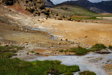 Austurengahver area in Iceland; Austurengahver is a geothermal source, a short way from the Gr&aelig;navatn lake on a sunny summer afternoon