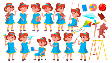 Girl Kindergarten Kid Poses Set Vector. Happy Children Character. Babysitting. For Advertisement, Greeting, Announcement Design. Isolated Cartoon Illustration