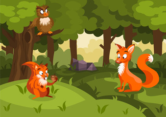 Obraz na płótnie Canvas Summer forest vector Illustration with a squirrel, fox and an owl