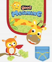 Fototapeta premium Vector illustration with giraffe and owl cartoon