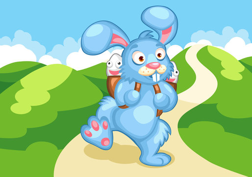 Cartoon illustration of a running easter bunny with eggs in his backpack, spring landscape, blue sky, green hills, sunny day, holiday