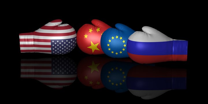 usa us currency trade war sanctions tariffs china russia eu europe european union 3d boxing gloves flags fight isolated on black background